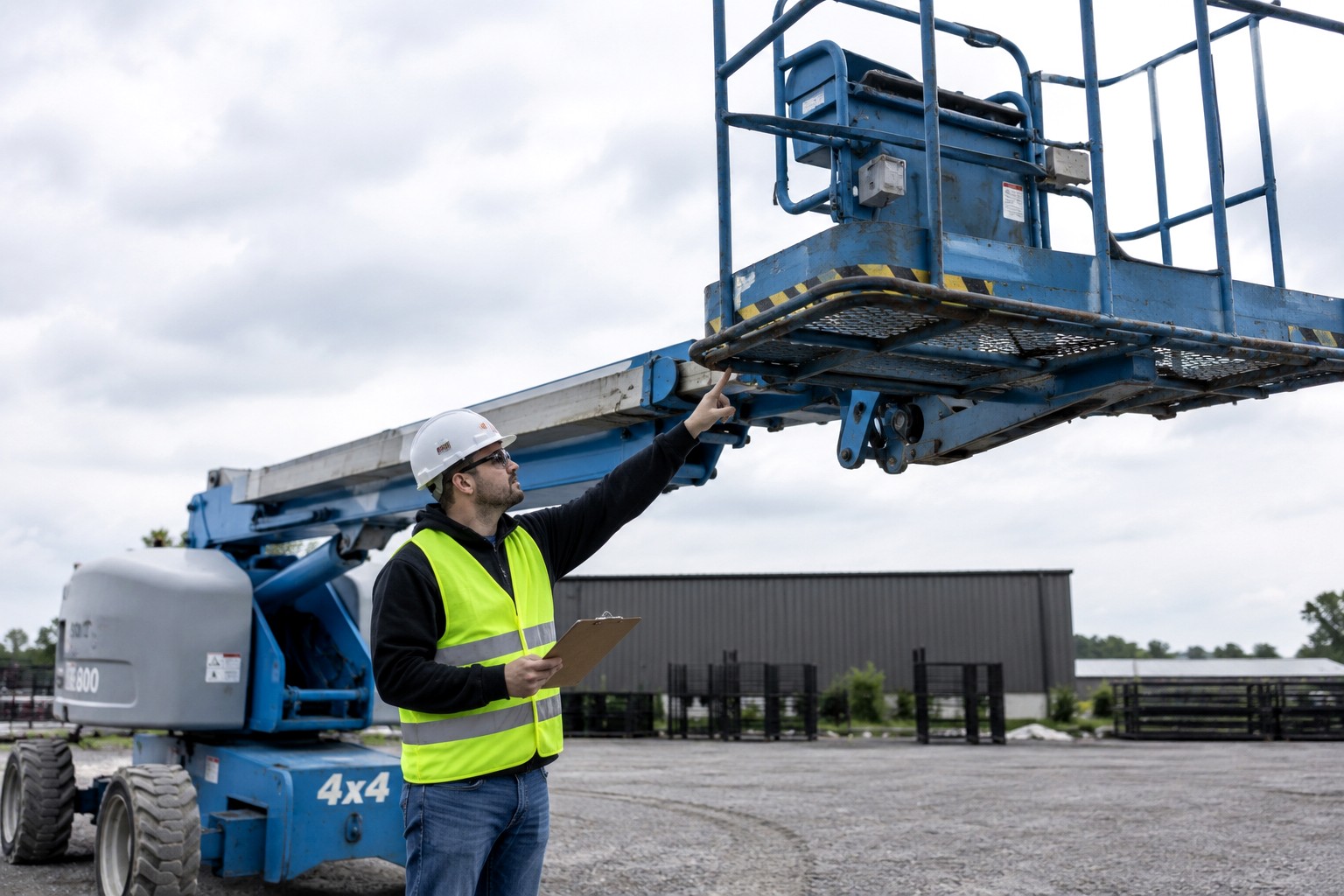 Inspector reviewing an aerial work platform on a job site