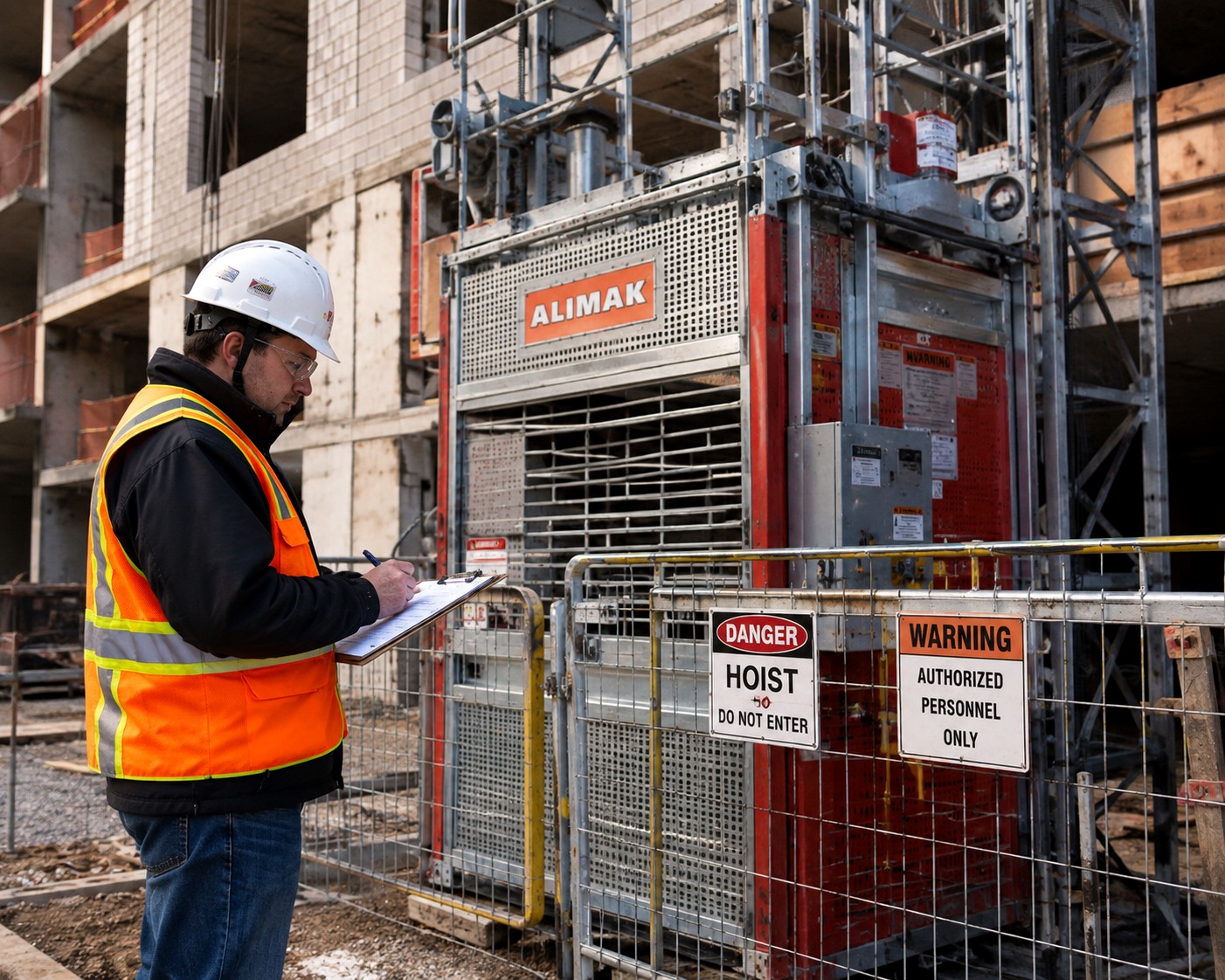Inspector documenting a construction hoist on an active job site