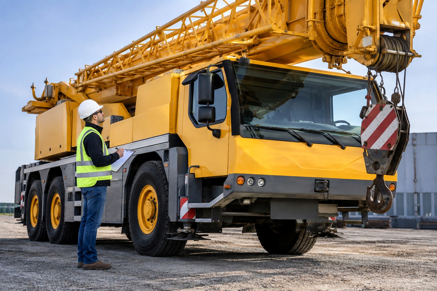 Inspector reviewing a yellow mobile crane on a job site