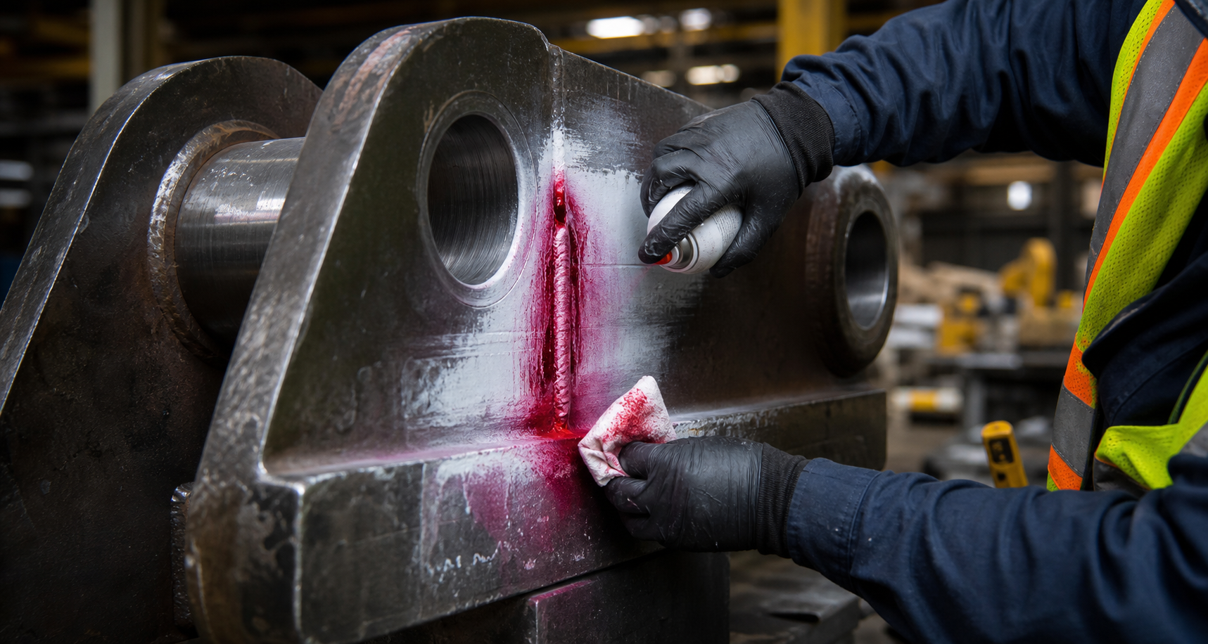 Inspector performing dye penetrant testing on a steel component