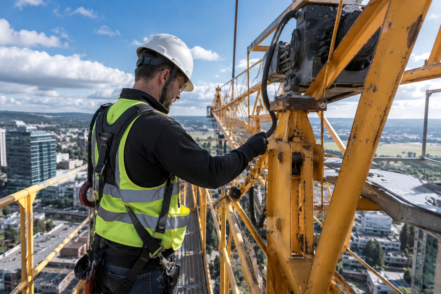 Inspector reviewing tower crane components at height